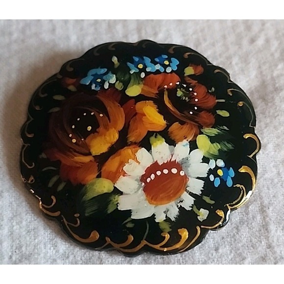 Vintage Handmade Hand Painted Russian USSR Artist Floral Wood Pin Brooch 2" - Picture 1 of 6